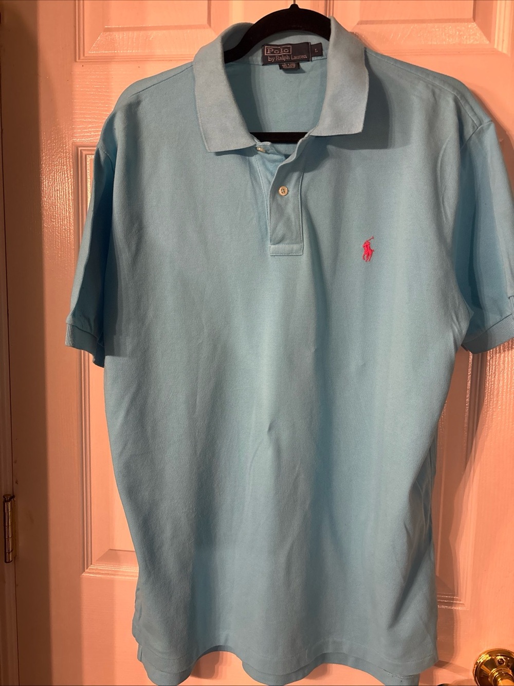 Ralph Lauren Light Blue Men’s Polo with Pink Pony Logo